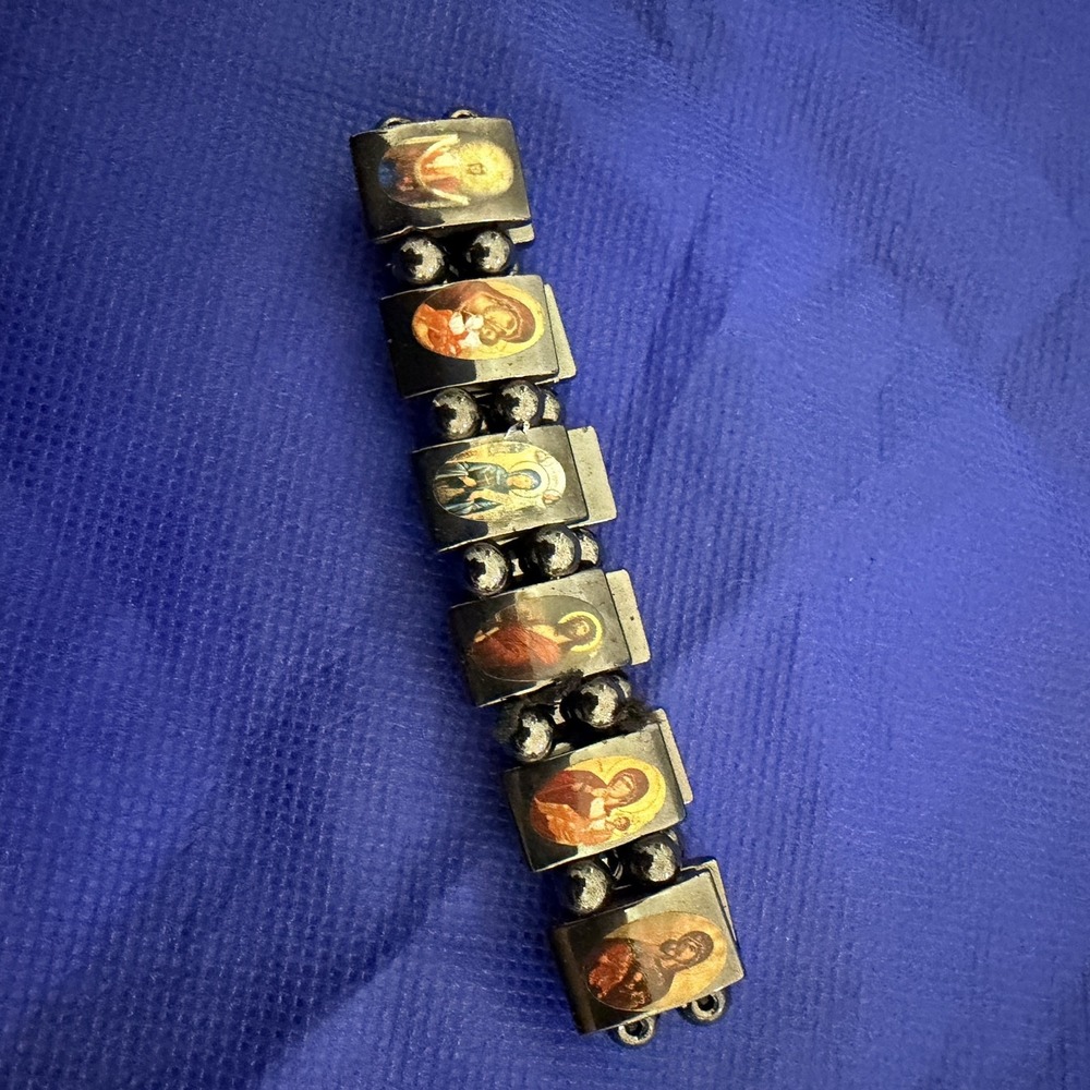 Hematite Beaded Jesus Mary Saint Icon Bracelet Unisex Stretch Religious Prayer